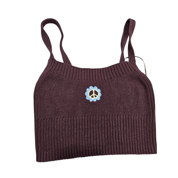 L.A. Hearts Cotton Knit Brown Cropped Tank Top With Peace Sign Embroidery Small - Picture 1 of 7